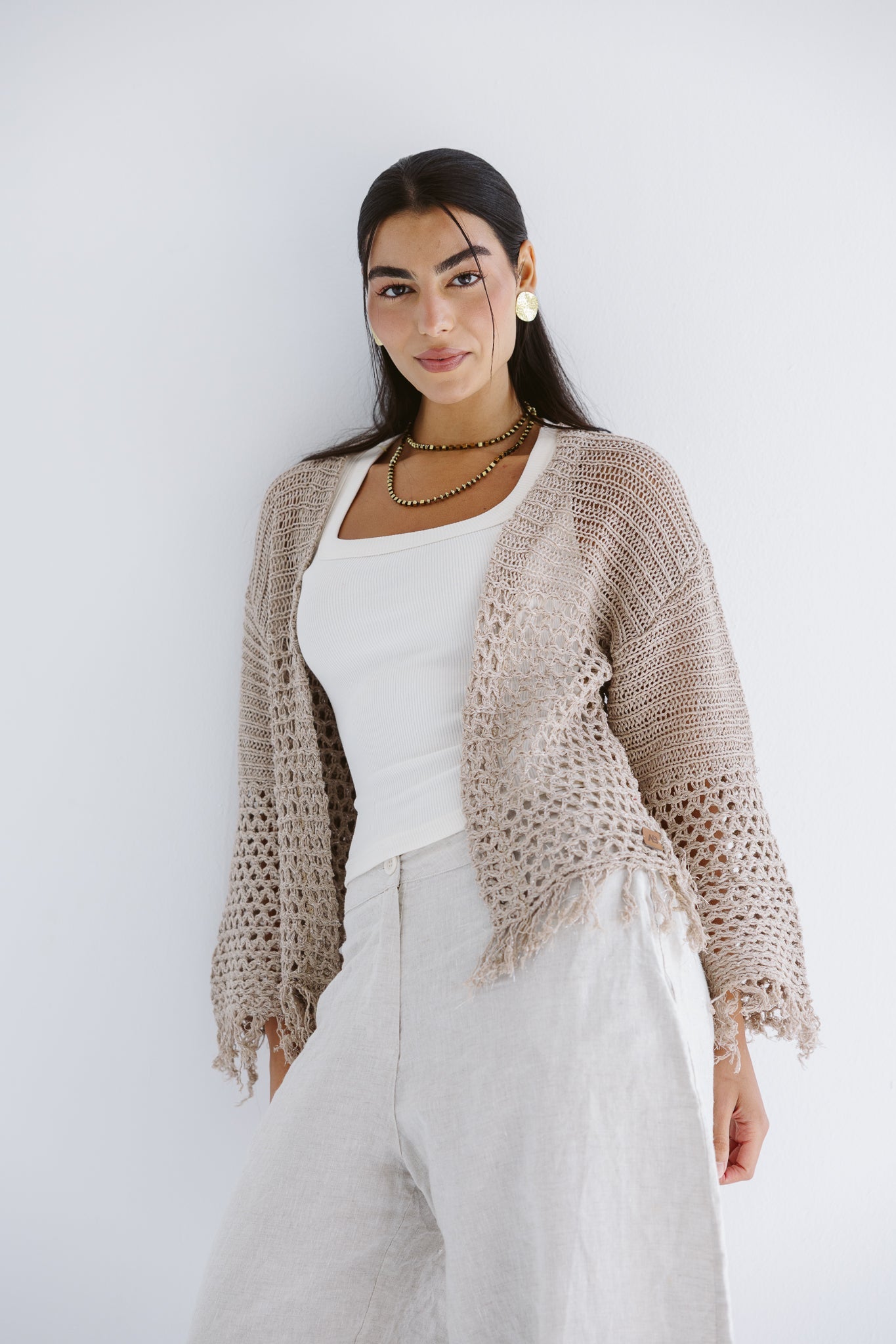 Sun Wave Shimmer Crochet Cardigan Beige - AB ESSENTIALS