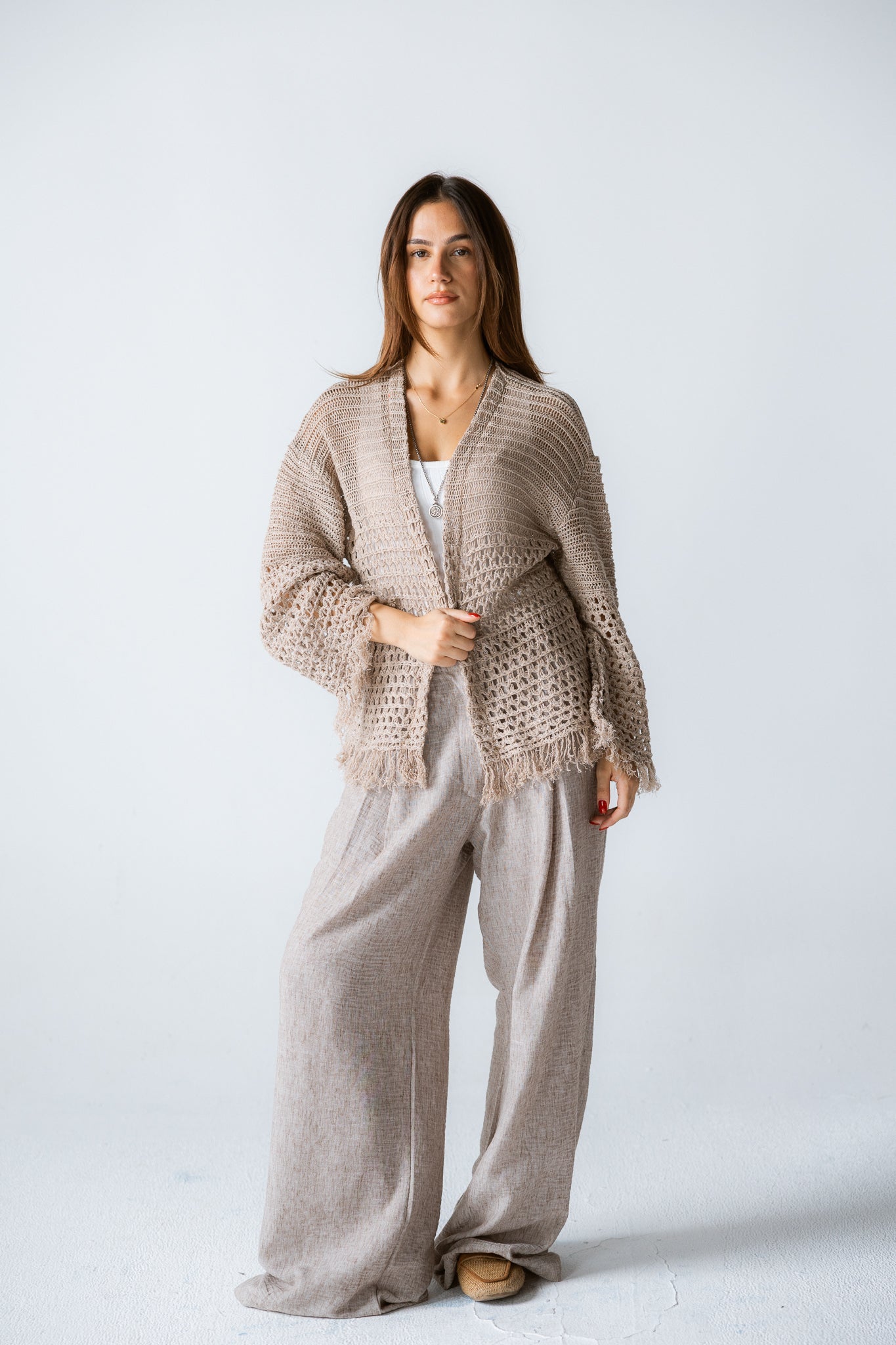 Sun Wave Shimmer Crochet Cardigan Beige - AB ESSENTIALS