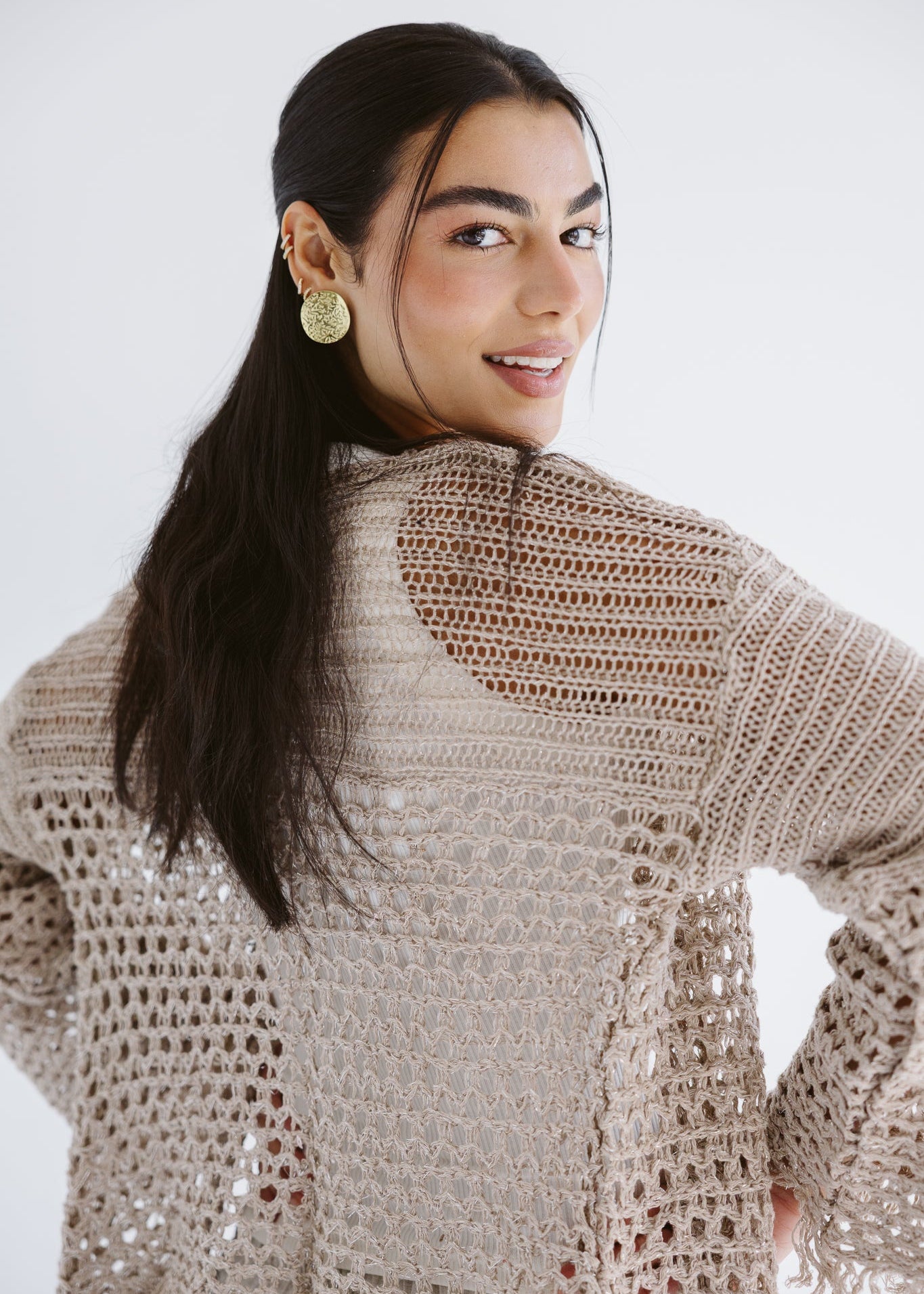 Sun Wave Shimmer Crochet Cardigan Beige - AB ESSENTIALS