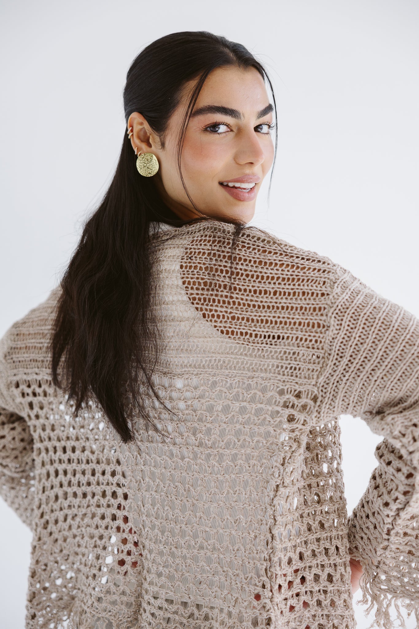 Sun Wave Shimmer Crochet Cardigan Beige - AB ESSENTIALS