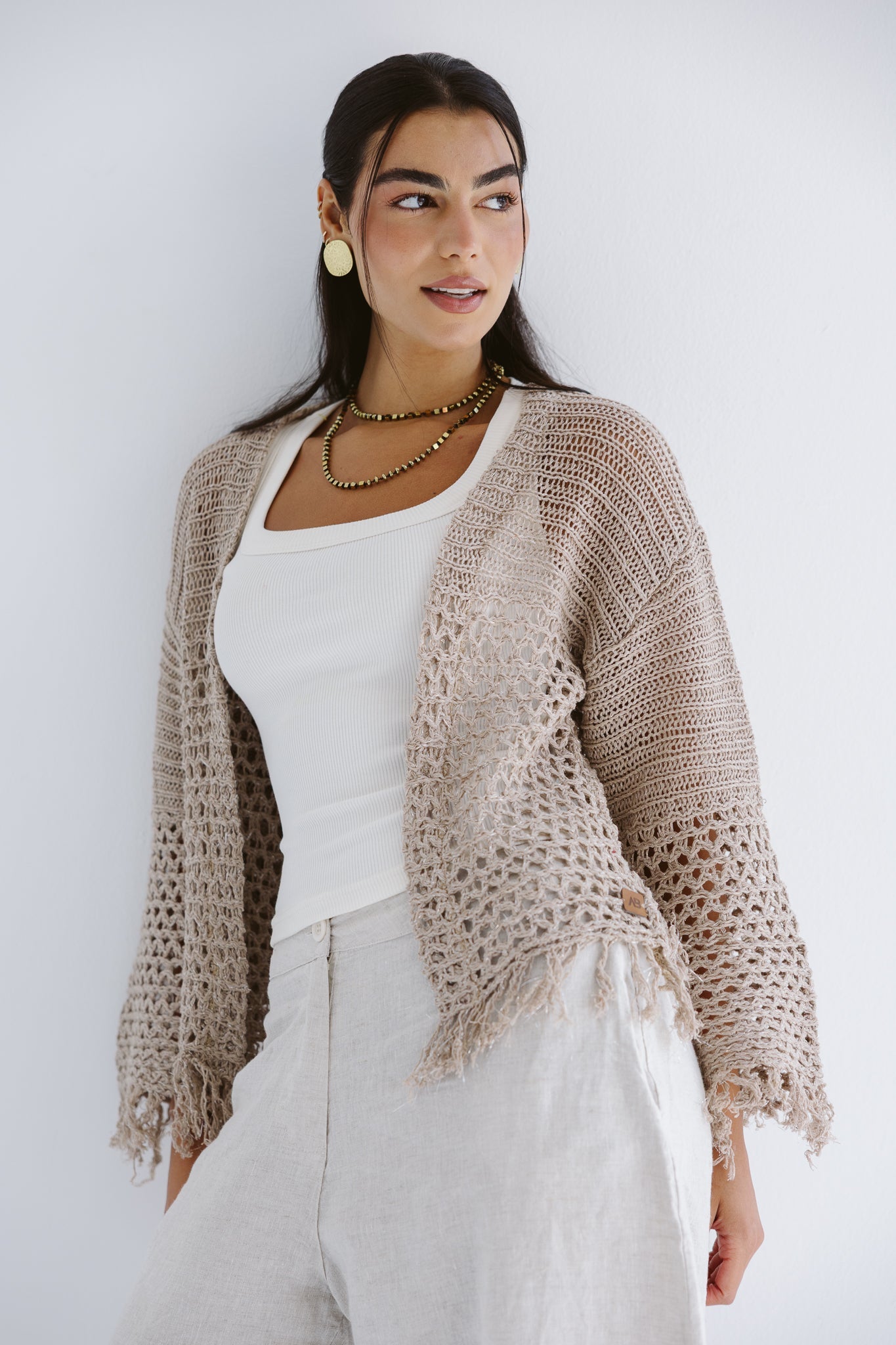 Sun Wave Shimmer Crochet Cardigan Beige - AB ESSENTIALS