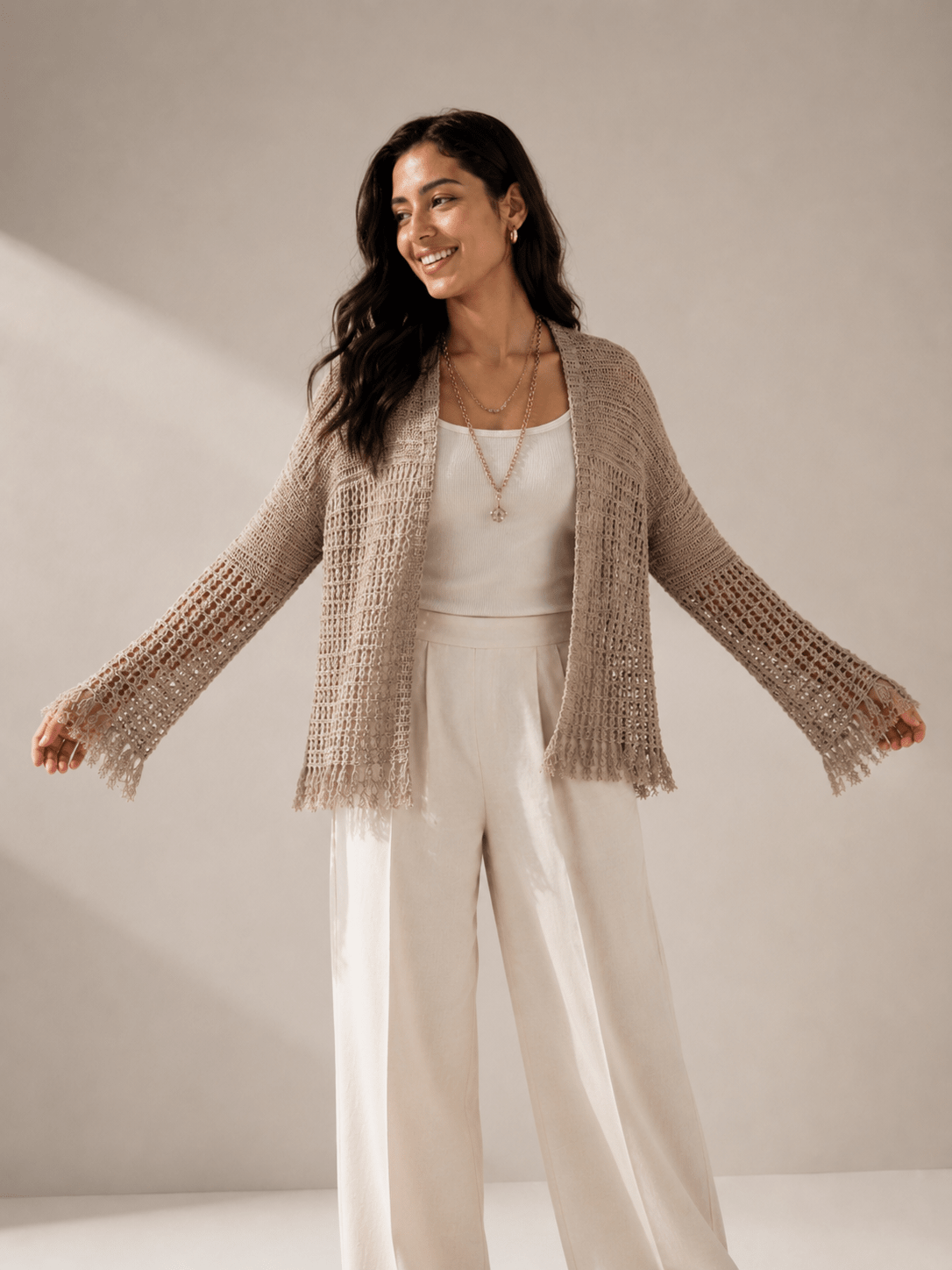 Sun Wave Shimmer Crochet Cardigan Beige - AB ESSENTIALS