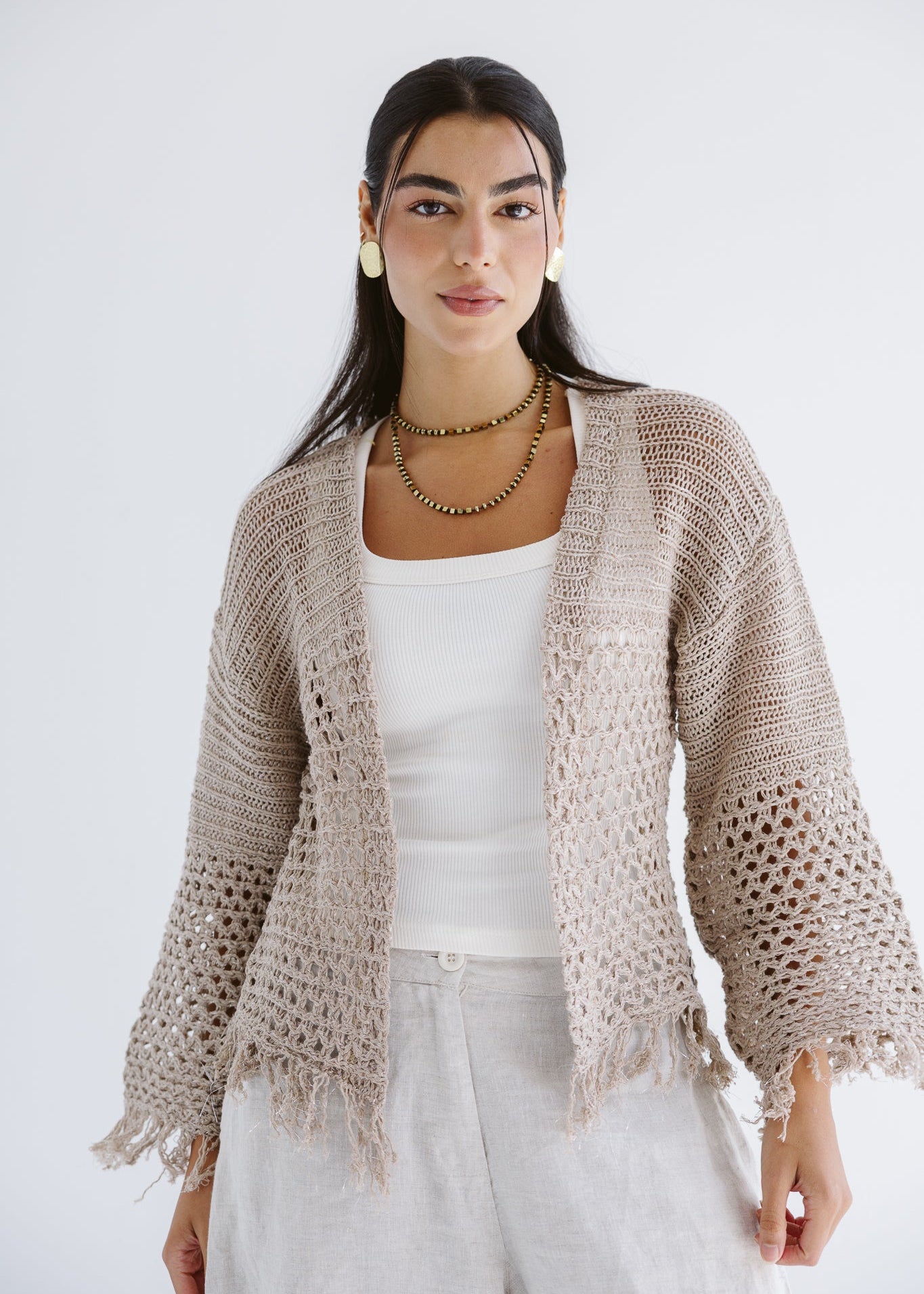 Sun Wave Shimmer Crochet Cardigan Beige - AB ESSENTIALS