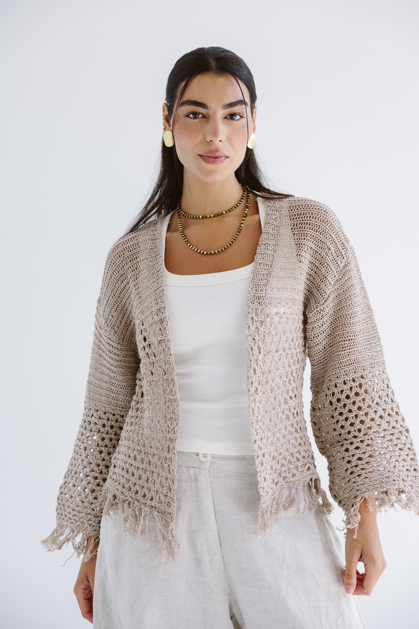 Sun Wave Shimmer Crochet Cardigan Beige - AB ESSENTIALS