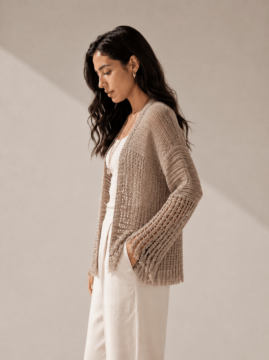 Sun Wave Shimmer Crochet Cardigan Beige - AB ESSENTIALS