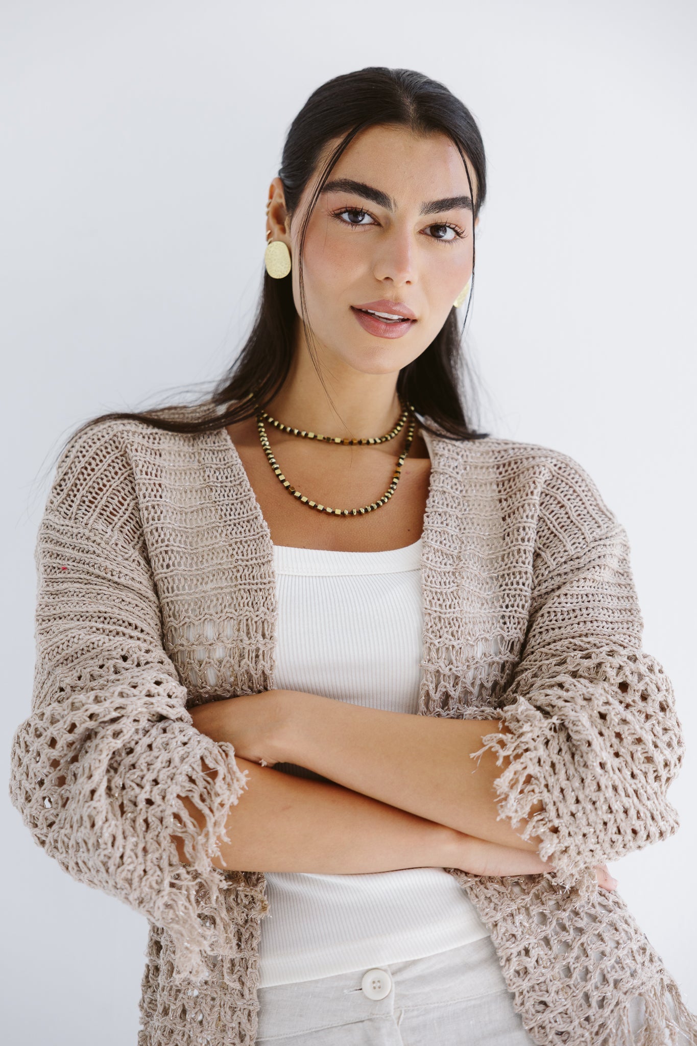 Sun Wave Shimmer Crochet Cardigan Beige - AB ESSENTIALS