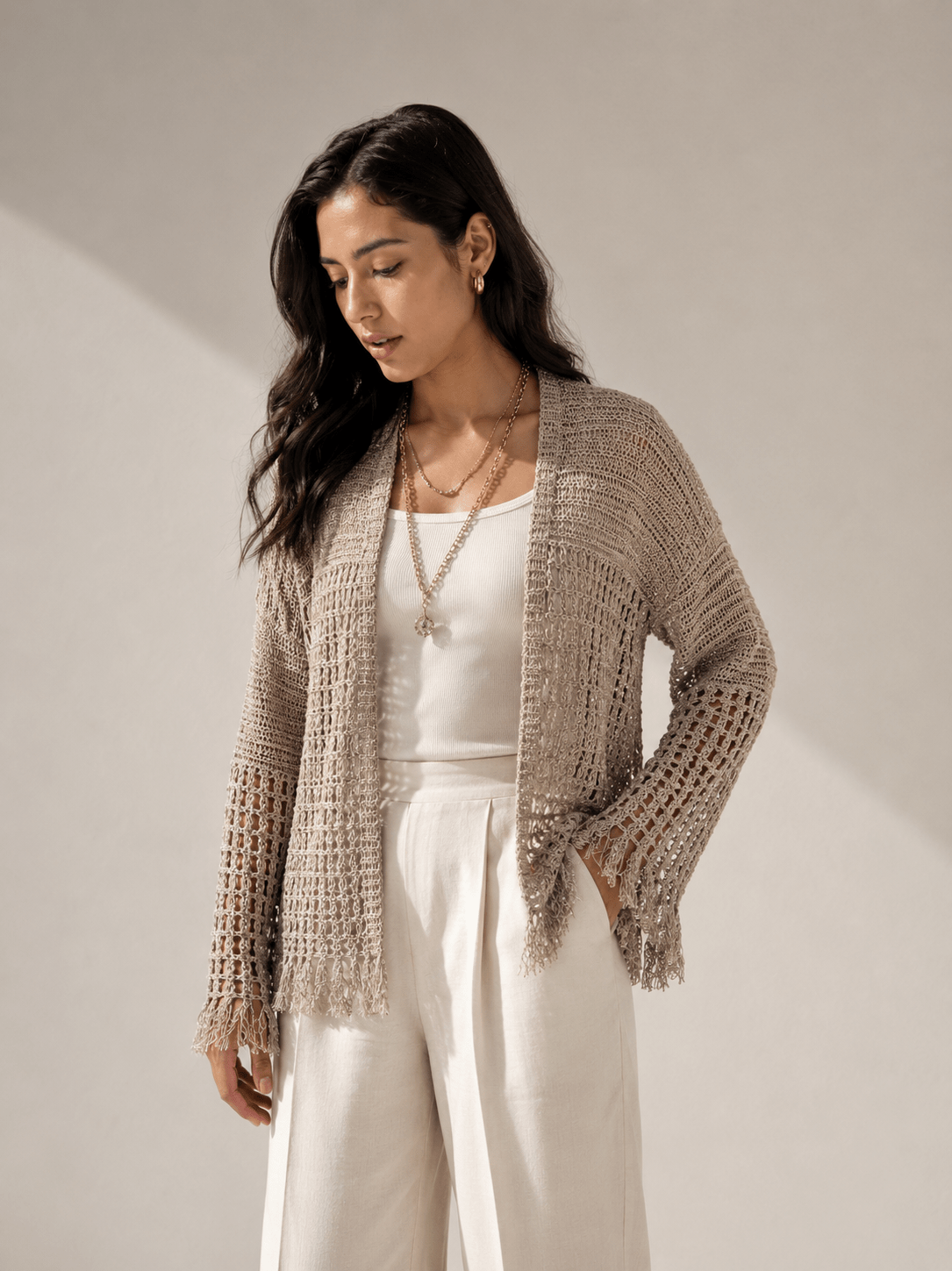 Sun Wave Shimmer Crochet Cardigan Beige - AB ESSENTIALS
