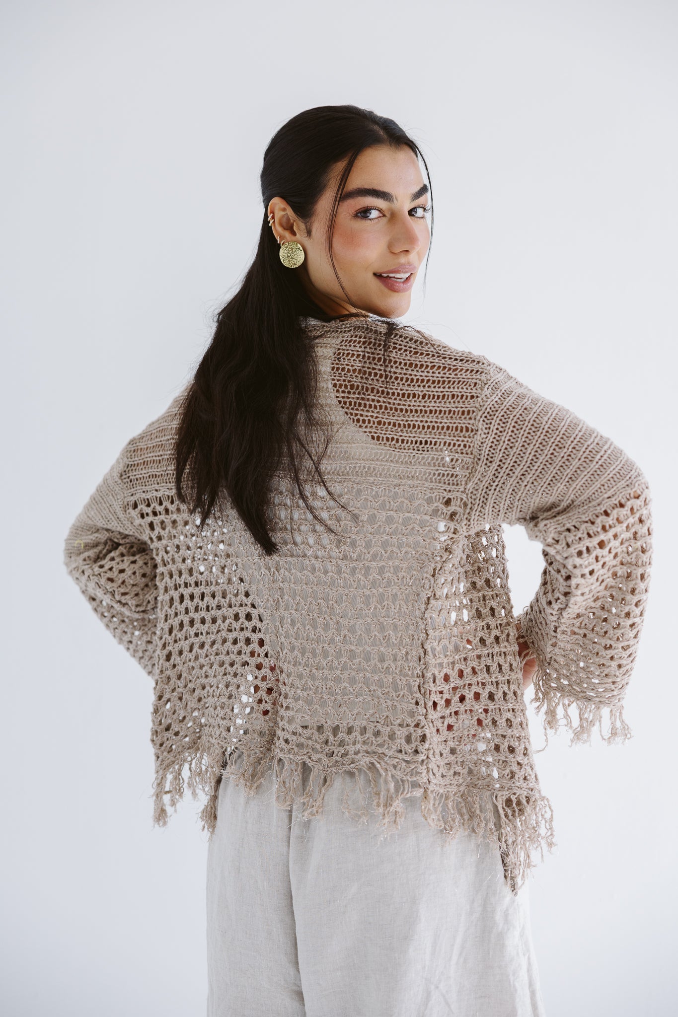 Sun Wave Shimmer Crochet Cardigan Beige - AB ESSENTIALS
