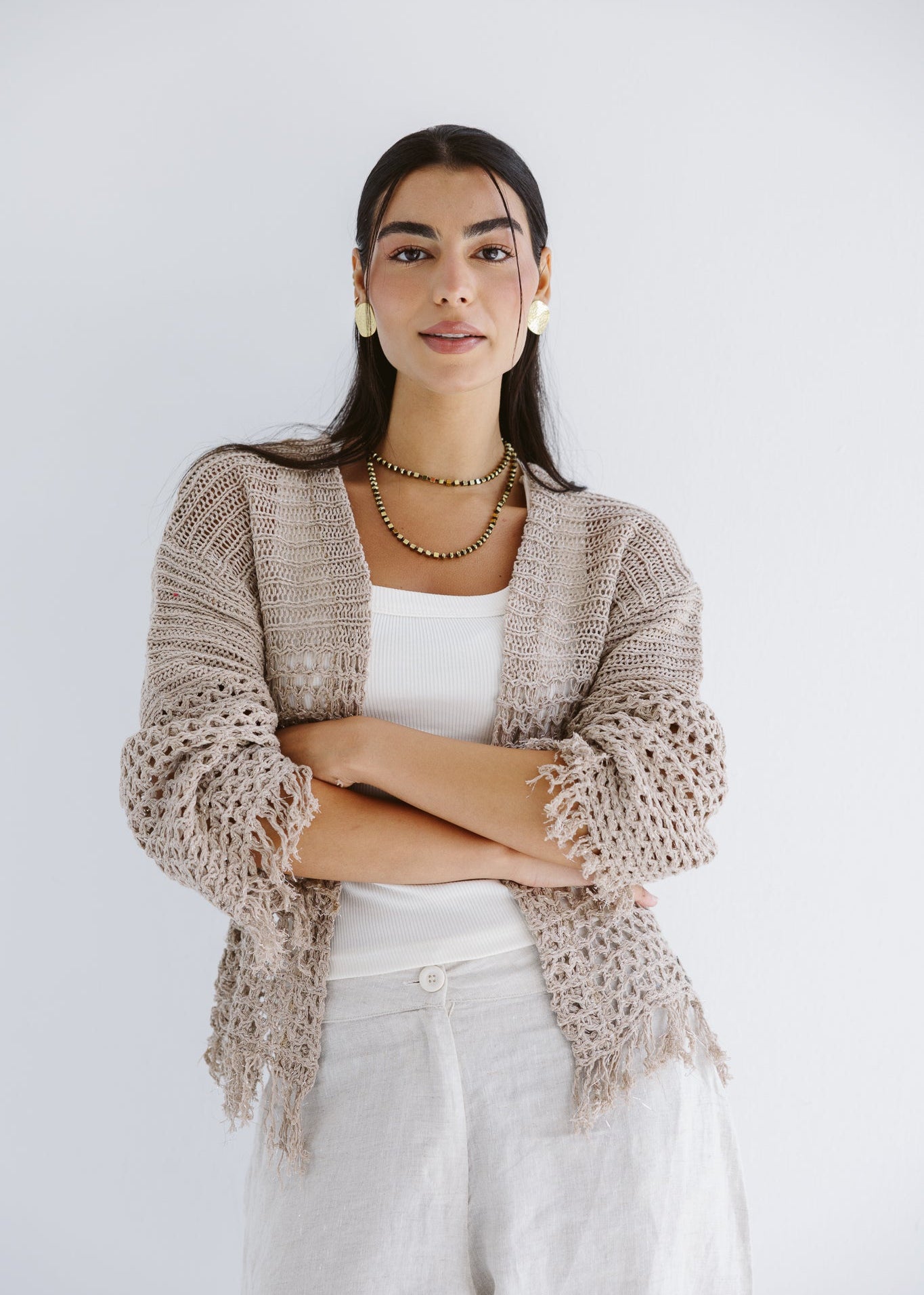 Sun Wave Shimmer Crochet Cardigan Beige - AB ESSENTIALS
