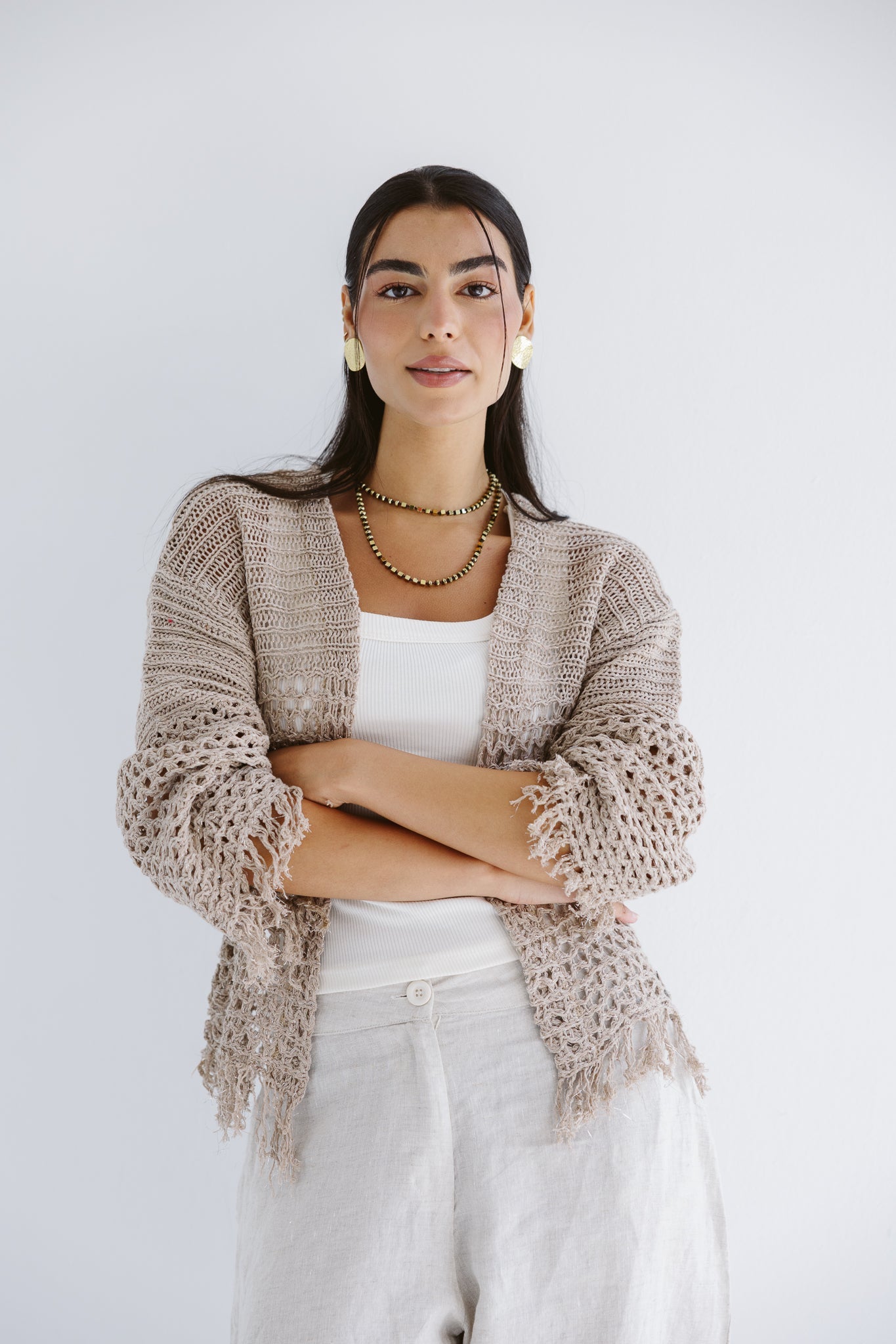 Sun Wave Shimmer Crochet Cardigan Beige - AB ESSENTIALS