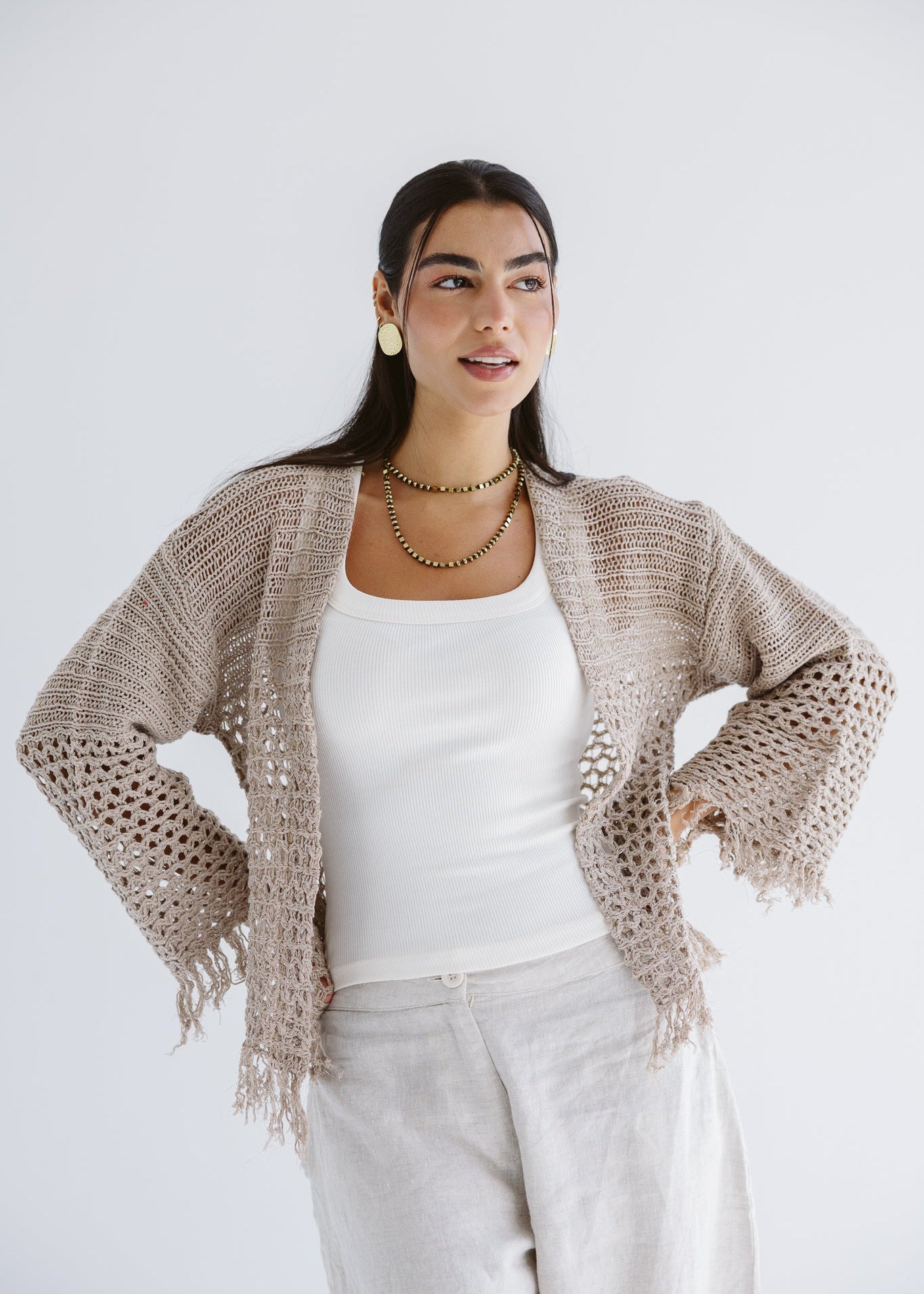 Sun Wave Shimmer Crochet Cardigan Beige - AB ESSENTIALS