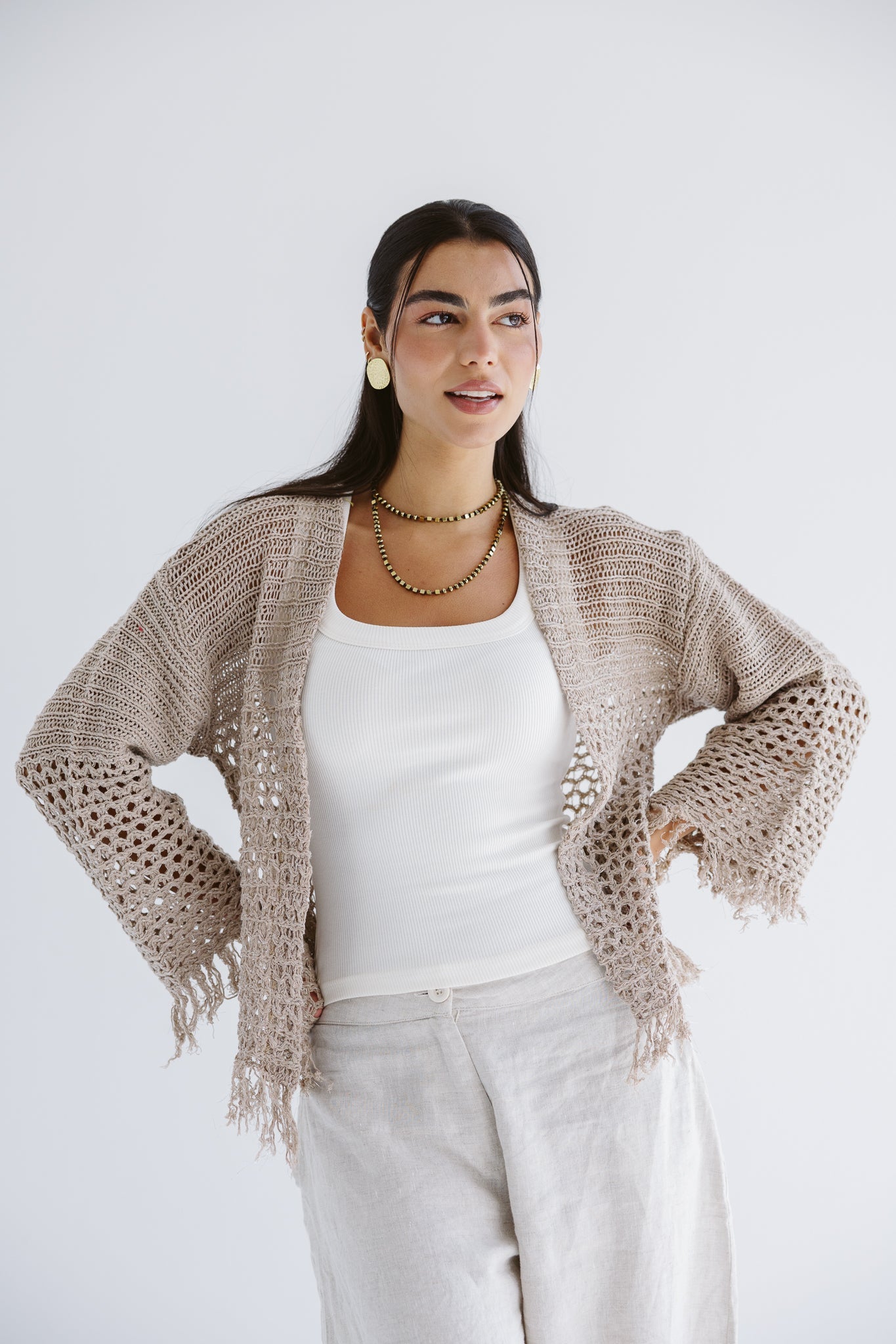 Sun Wave Shimmer Crochet Cardigan Beige - AB ESSENTIALS
