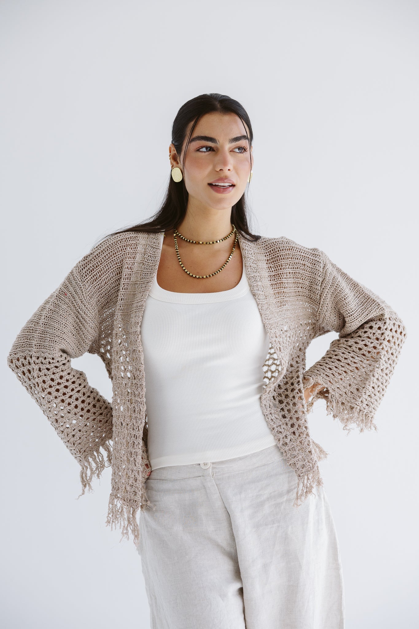 Sun Wave Shimmer Crochet Cardigan Beige - AB ESSENTIALS