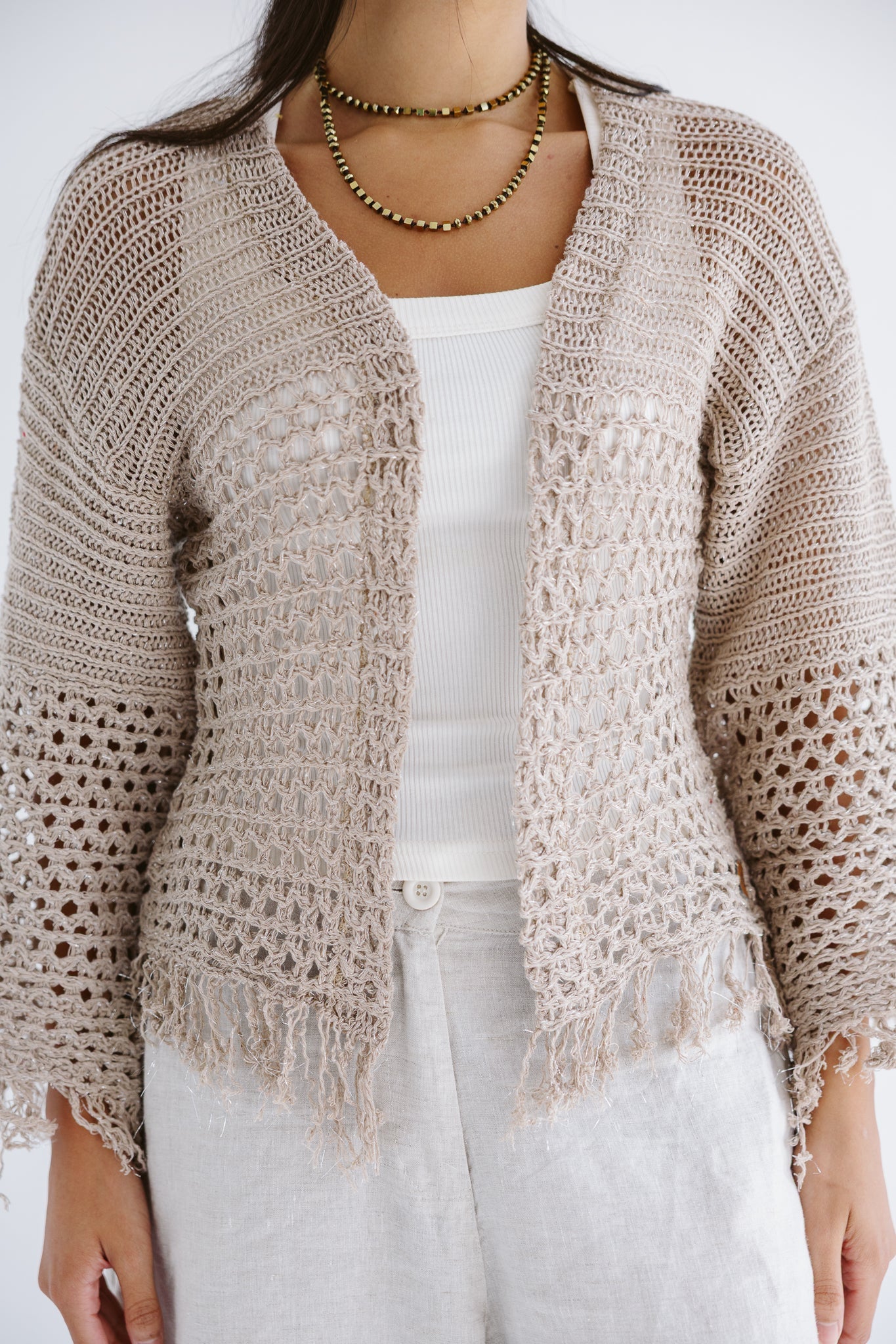 Sun Wave Shimmer Crochet Cardigan Beige - AB ESSENTIALS