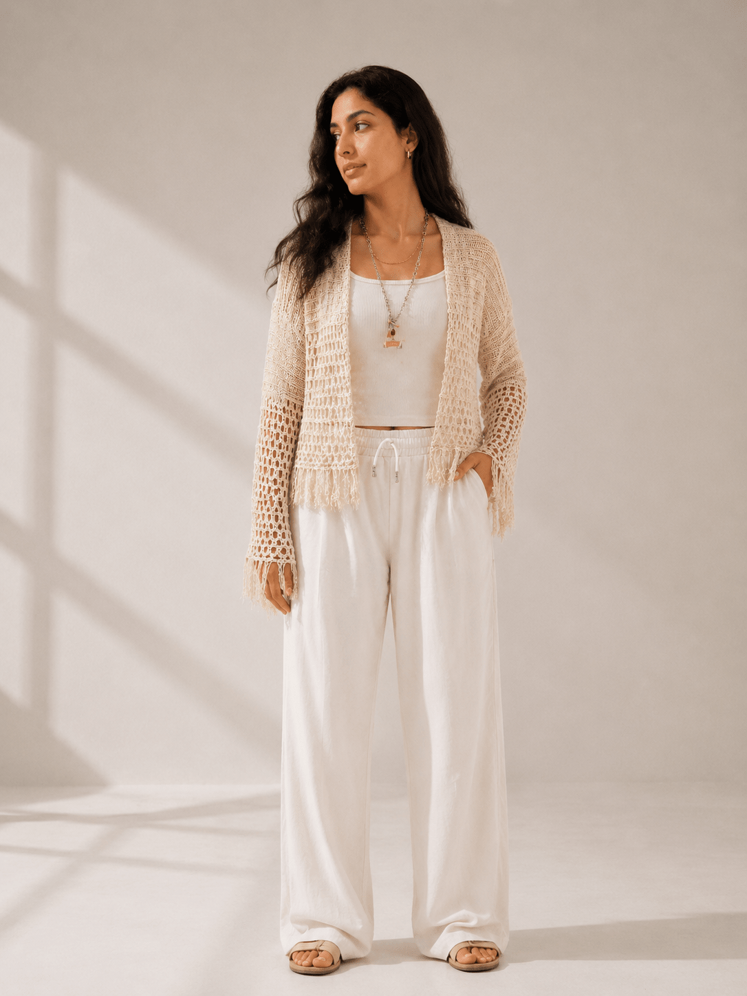 Sun Wave Shimmer Crochet Cardigan Off White - AB ESSENTIALS