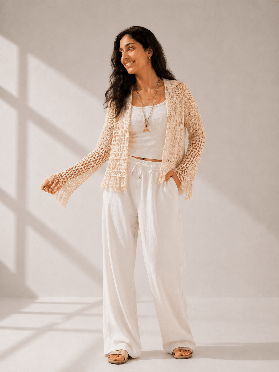Sun Wave Shimmer Crochet Cardigan Off White - AB ESSENTIALS