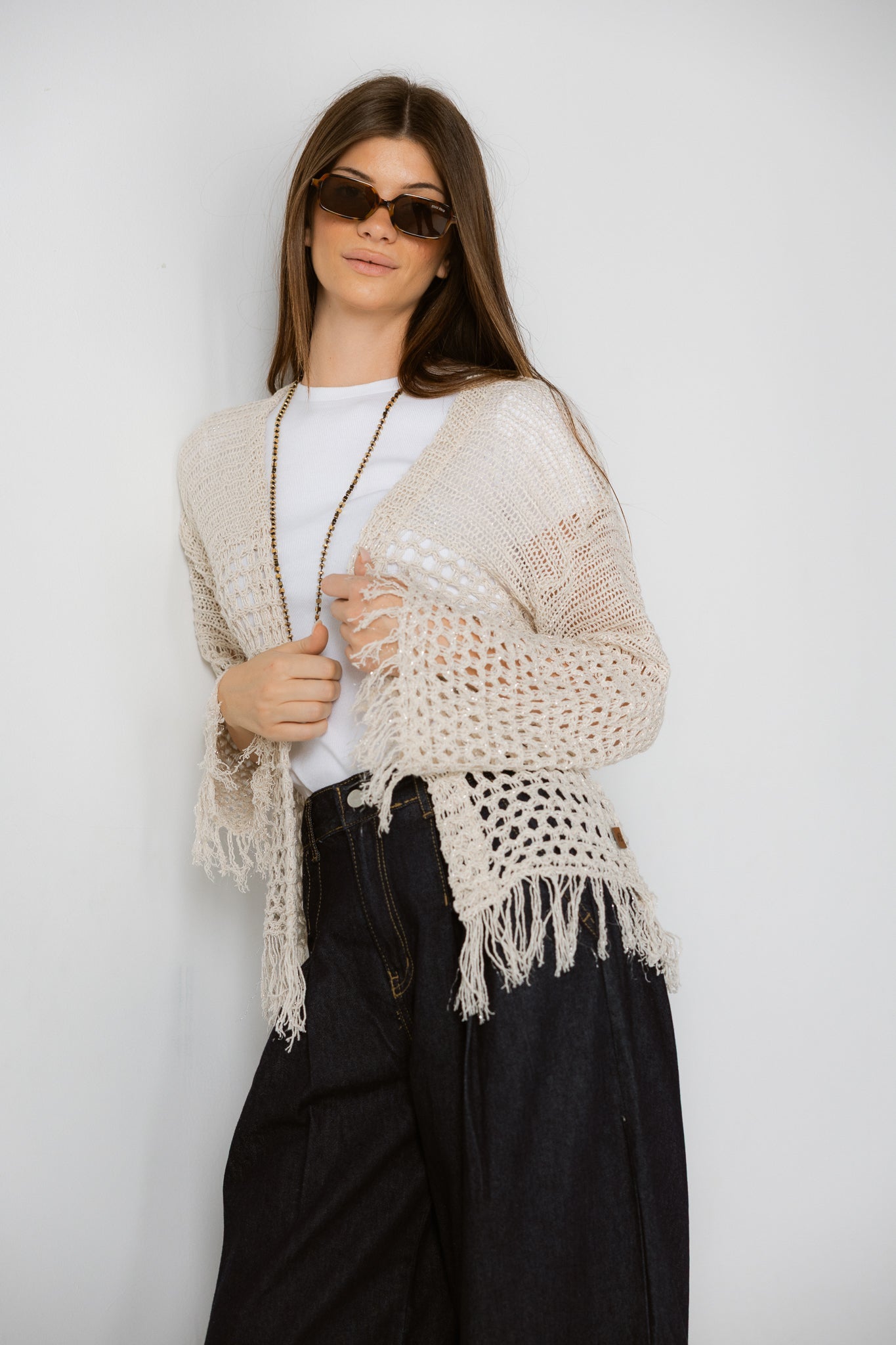 Sun Wave Shimmer Crochet Cardigan Off White - AB ESSENTIALS
