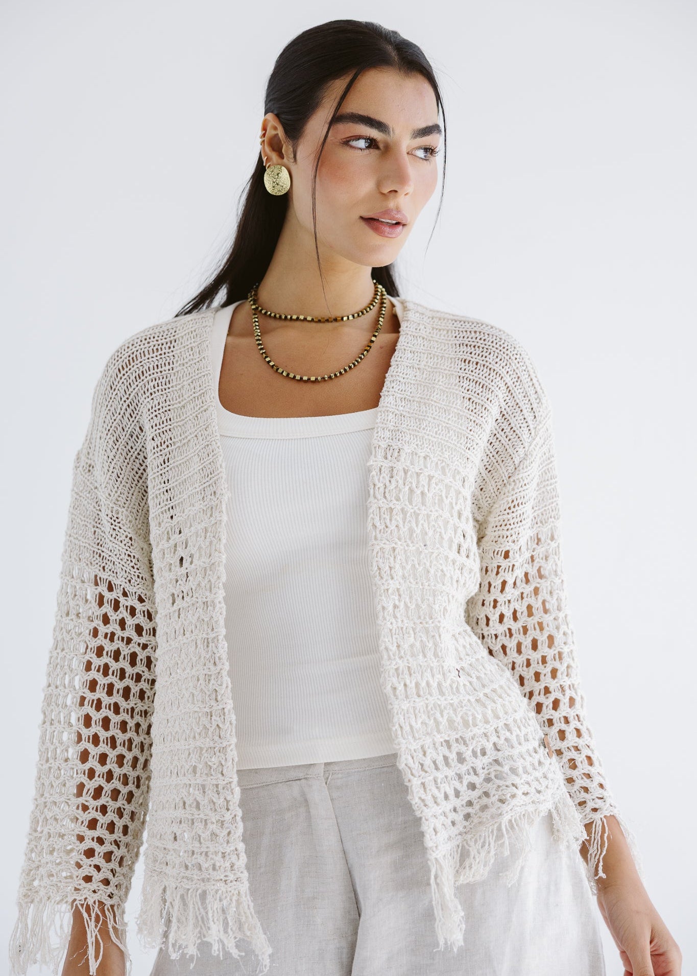 Sun Wave Shimmer Crochet Cardigan Off White - AB ESSENTIALS