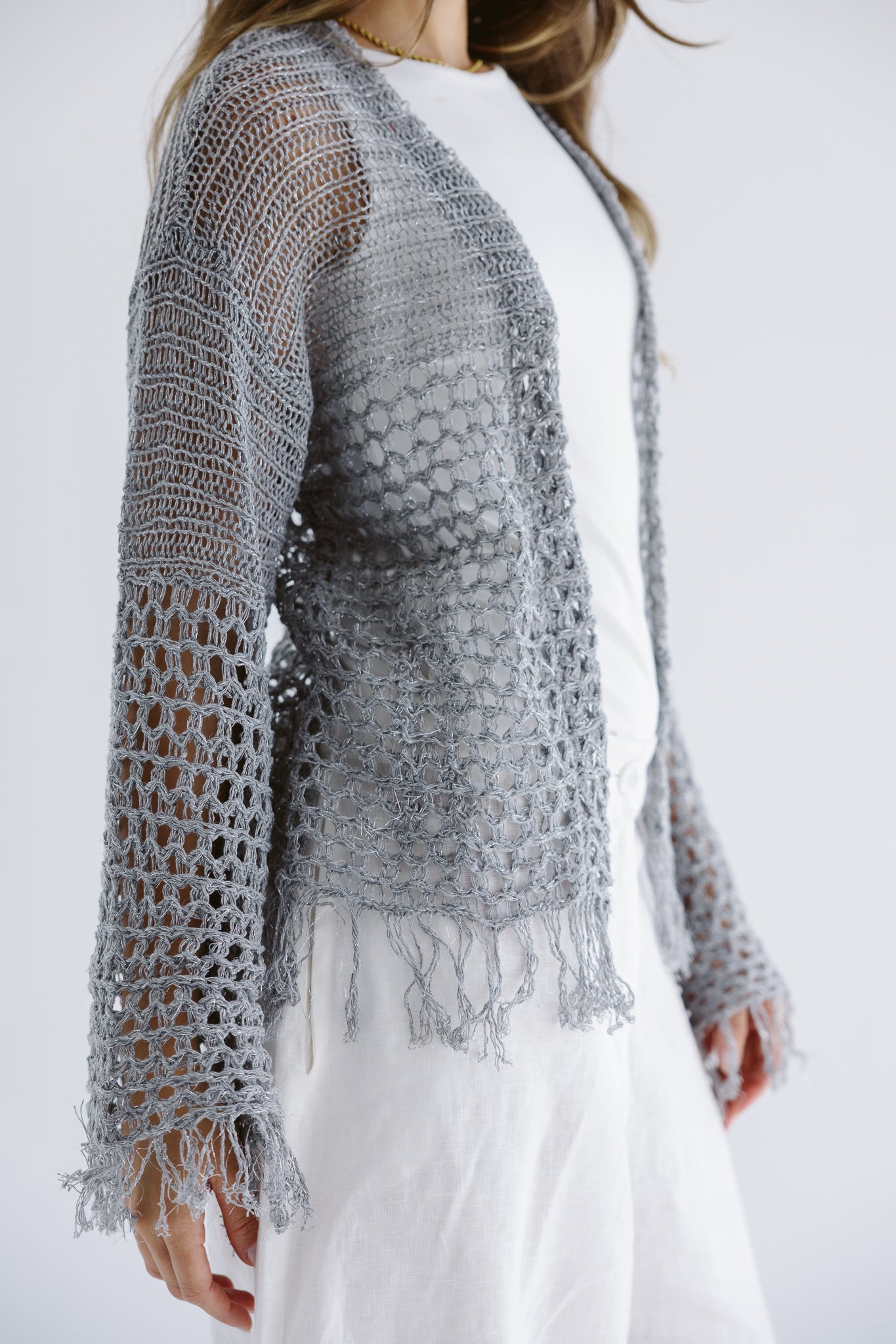 Sun Wave Shimmer Crochet Cardigan Silver - AB ESSENTIALS