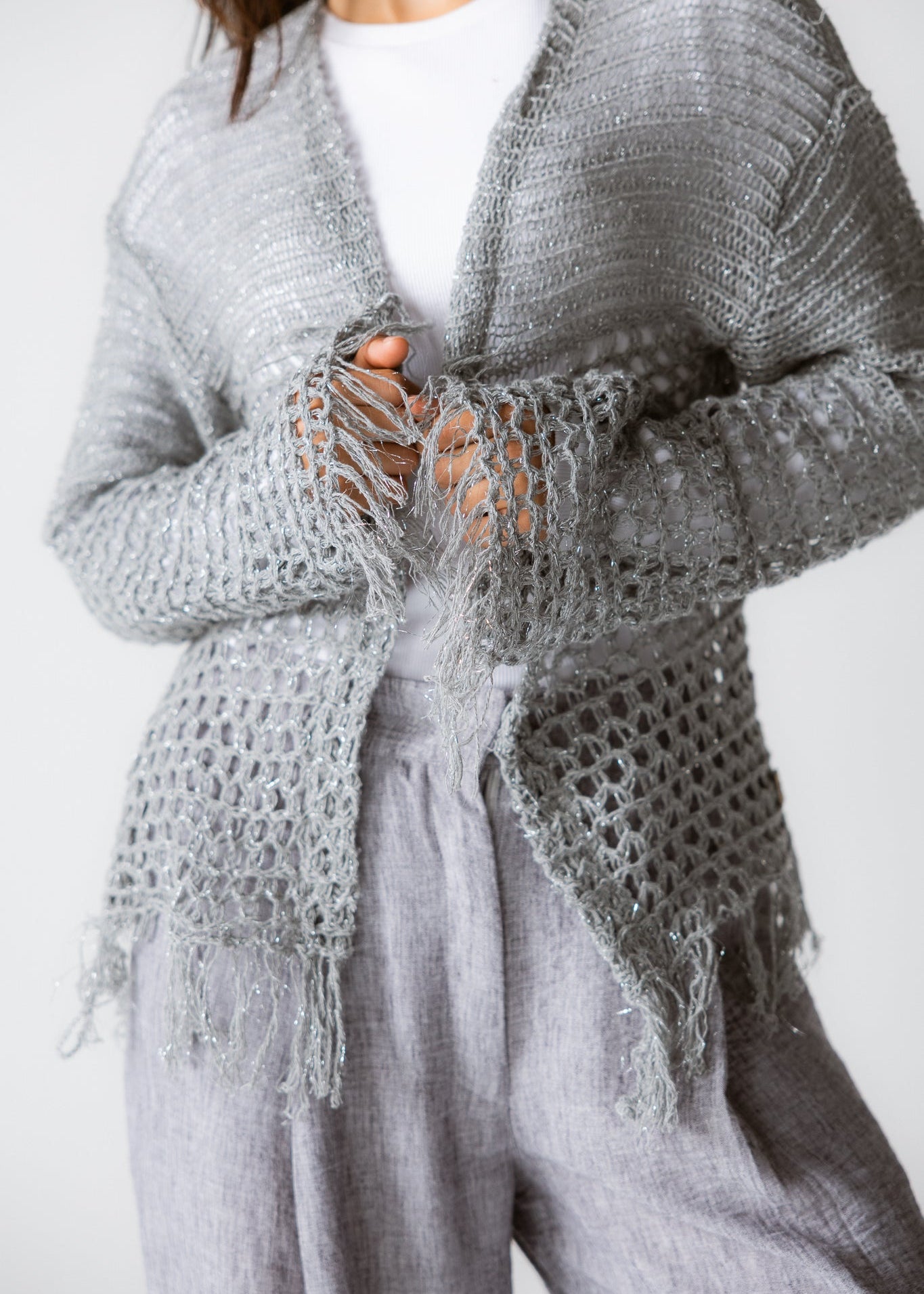 Sun Wave Shimmer Crochet Cardigan Silver - AB ESSENTIALS