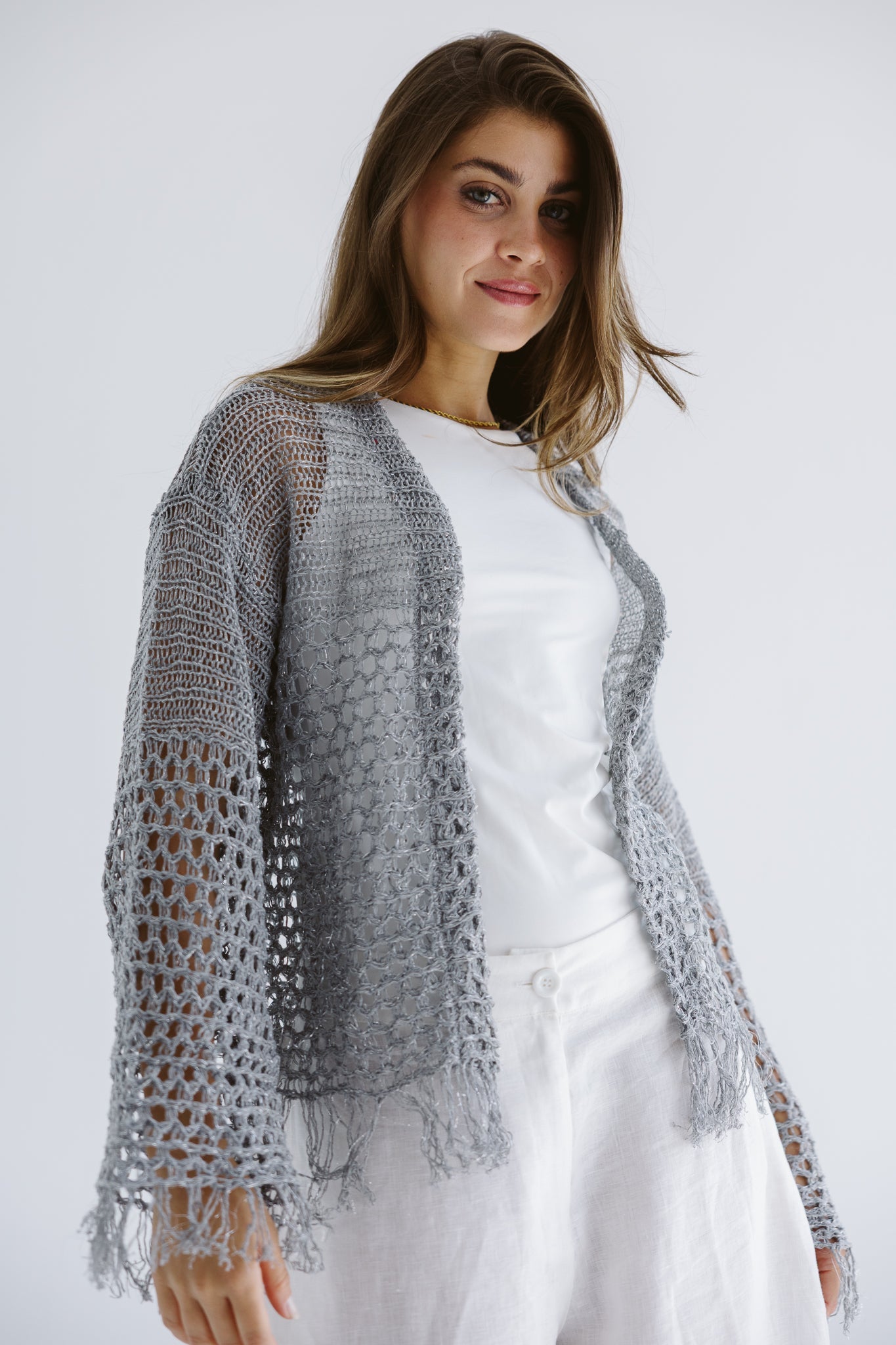 Sun Wave Shimmer Crochet Cardigan Silver - AB ESSENTIALS