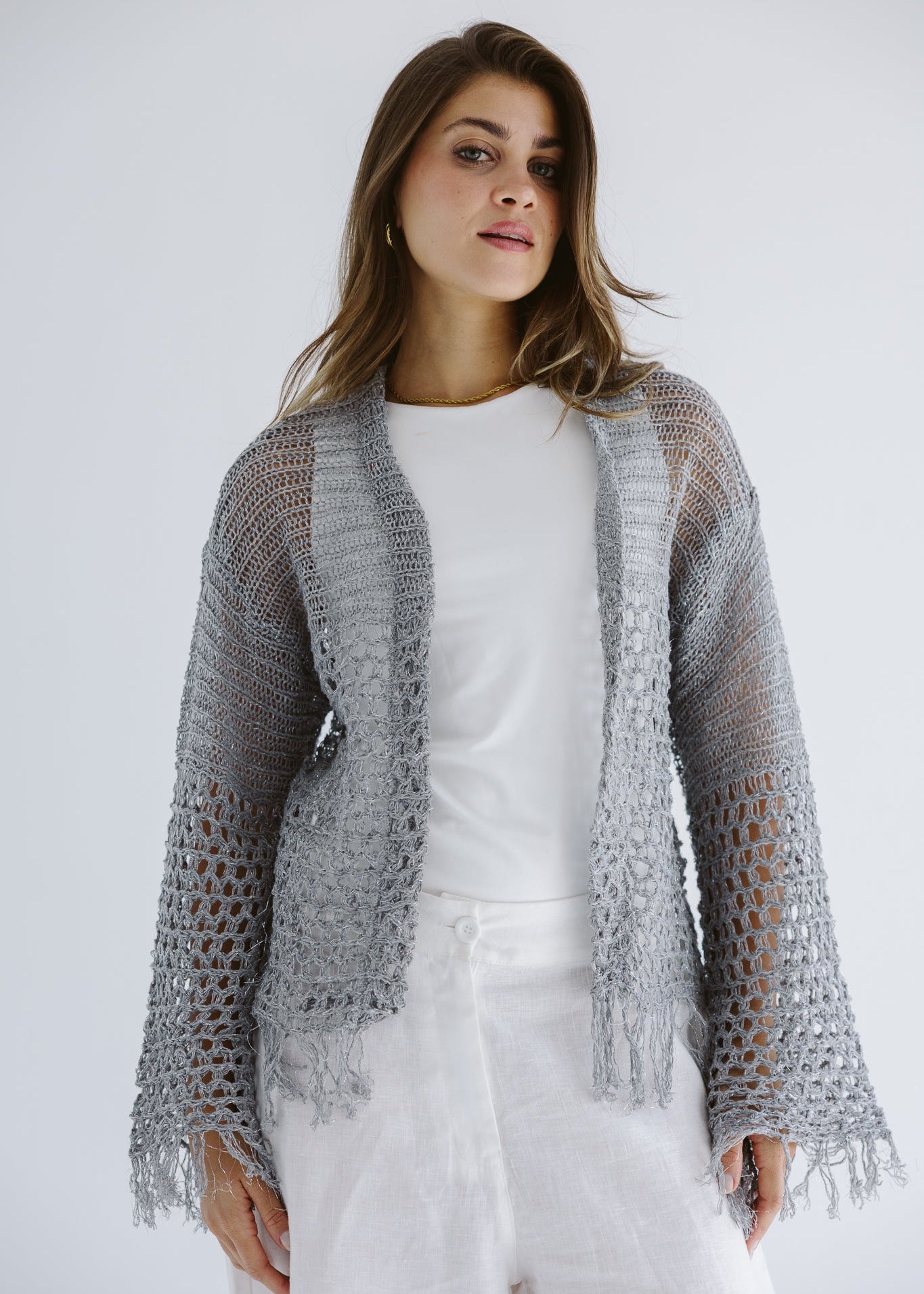 Sun Wave Shimmer Crochet Cardigan Silver - AB ESSENTIALS