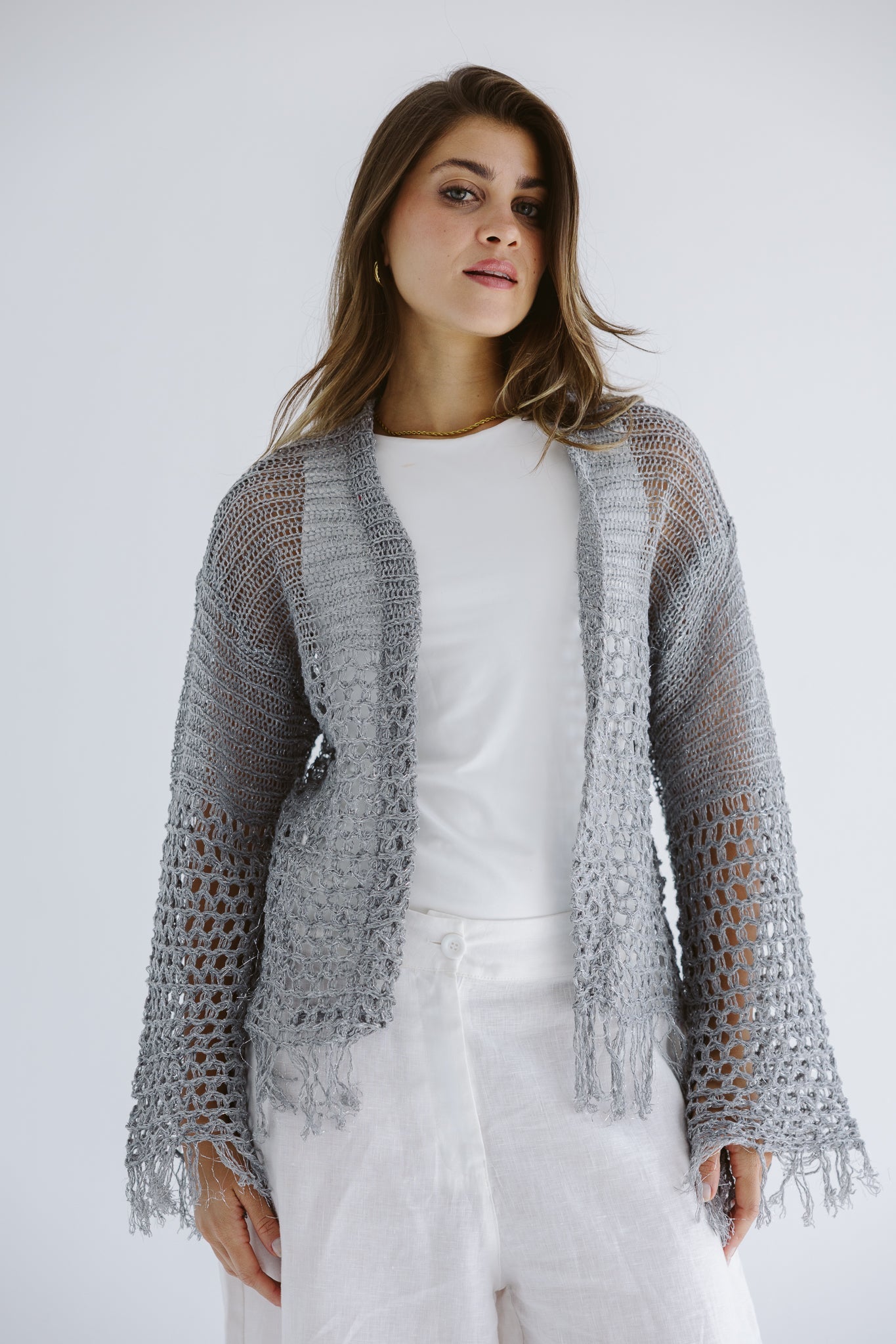 Sun Wave Shimmer Crochet Cardigan Silver - AB ESSENTIALS