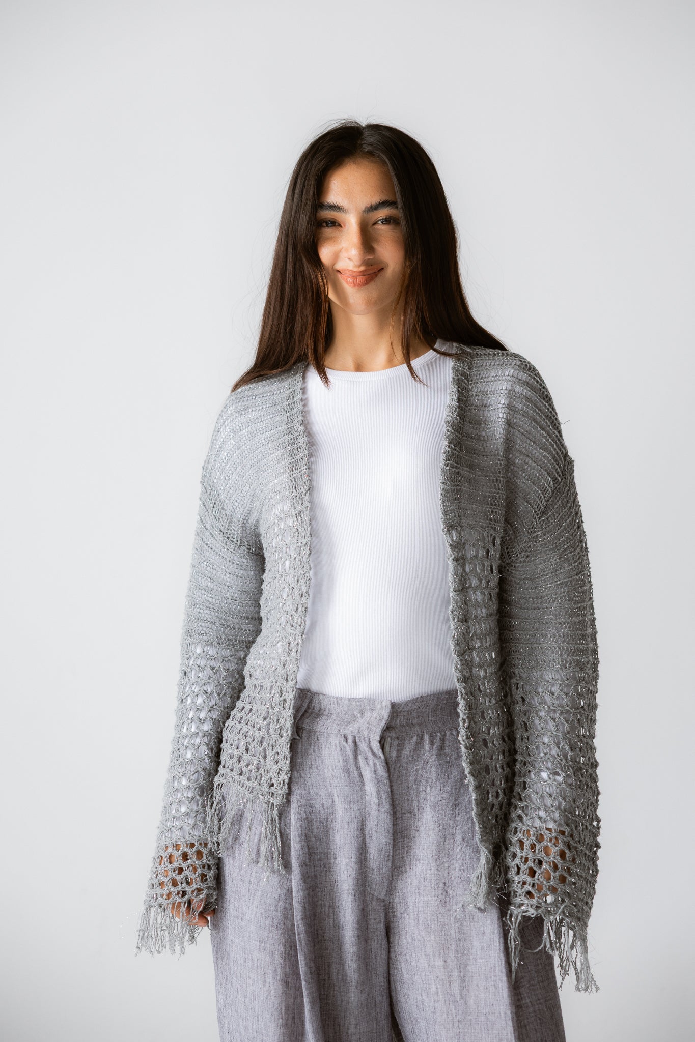Sun Wave Shimmer Crochet Cardigan Silver - AB ESSENTIALS
