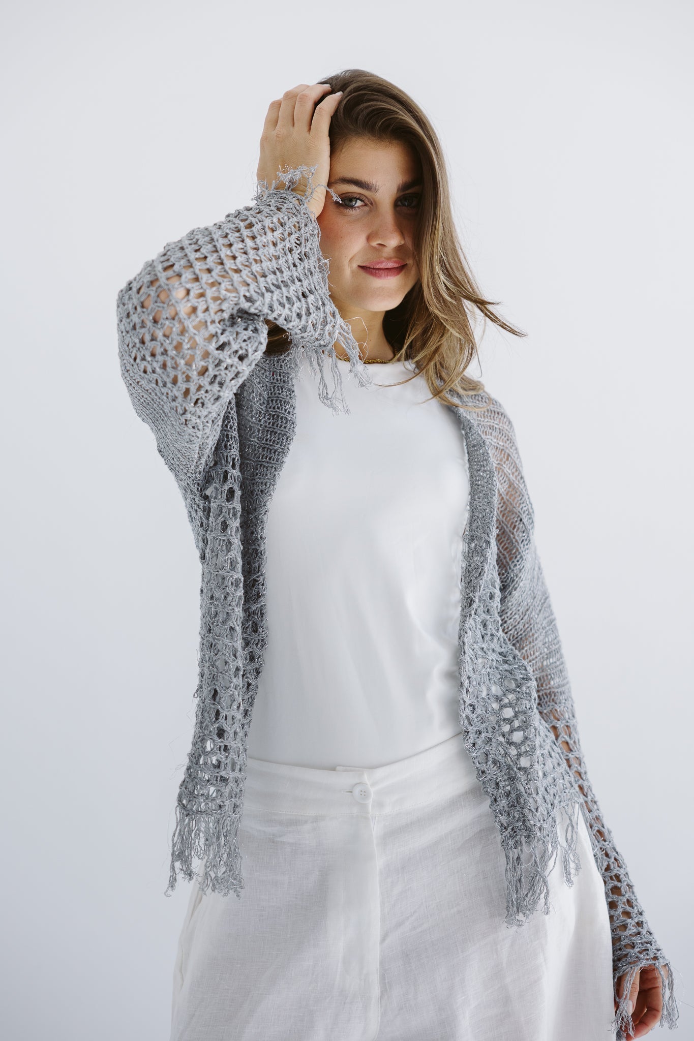Sun Wave Shimmer Crochet Cardigan Silver - AB ESSENTIALS