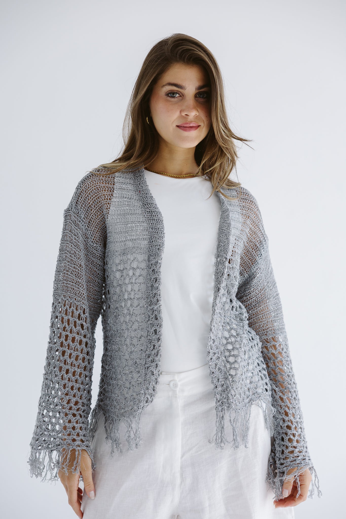 Sun Wave Shimmer Crochet Cardigan Silver - AB ESSENTIALS