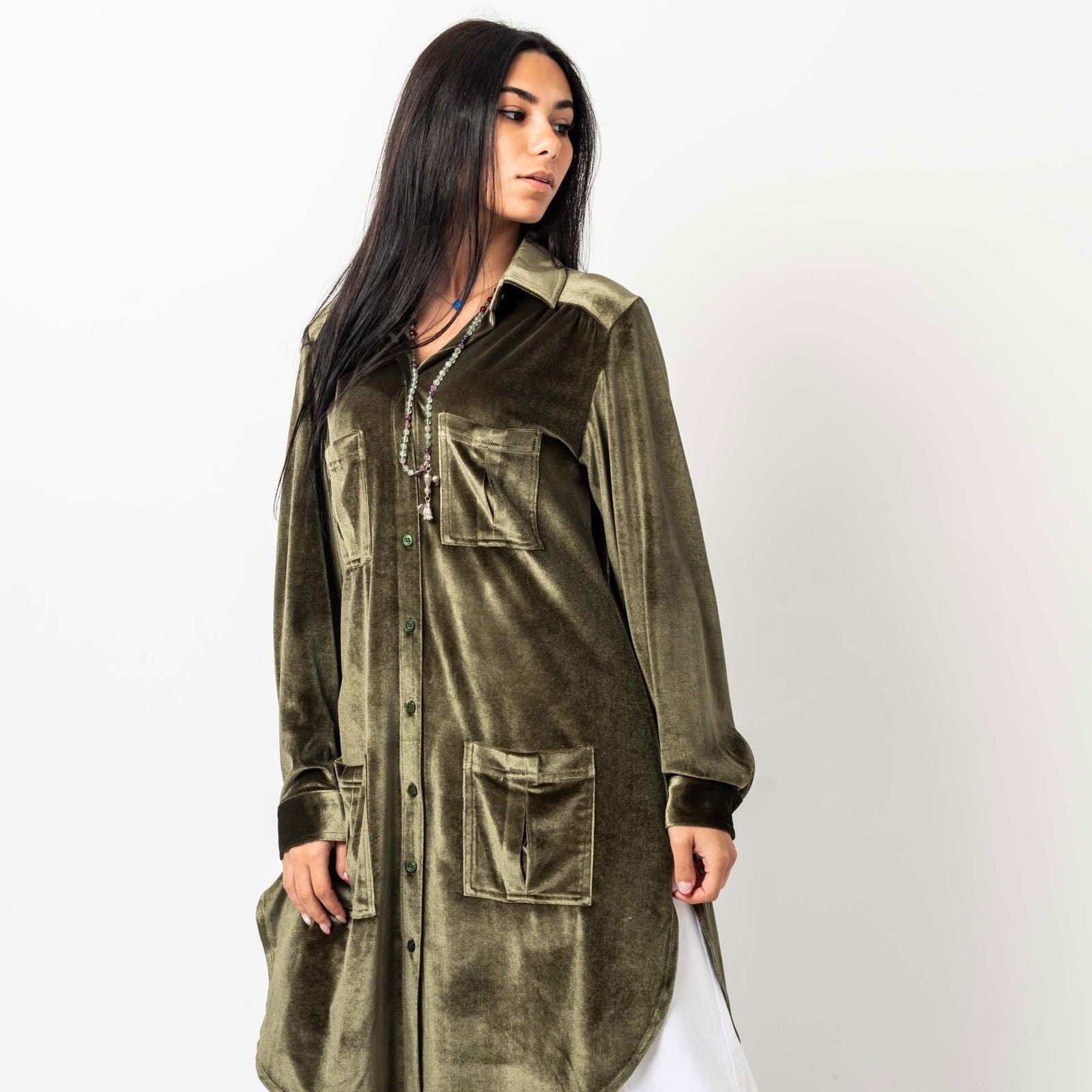 Velvet Pockets Shirt Olive Green - AB ESSENTIALS