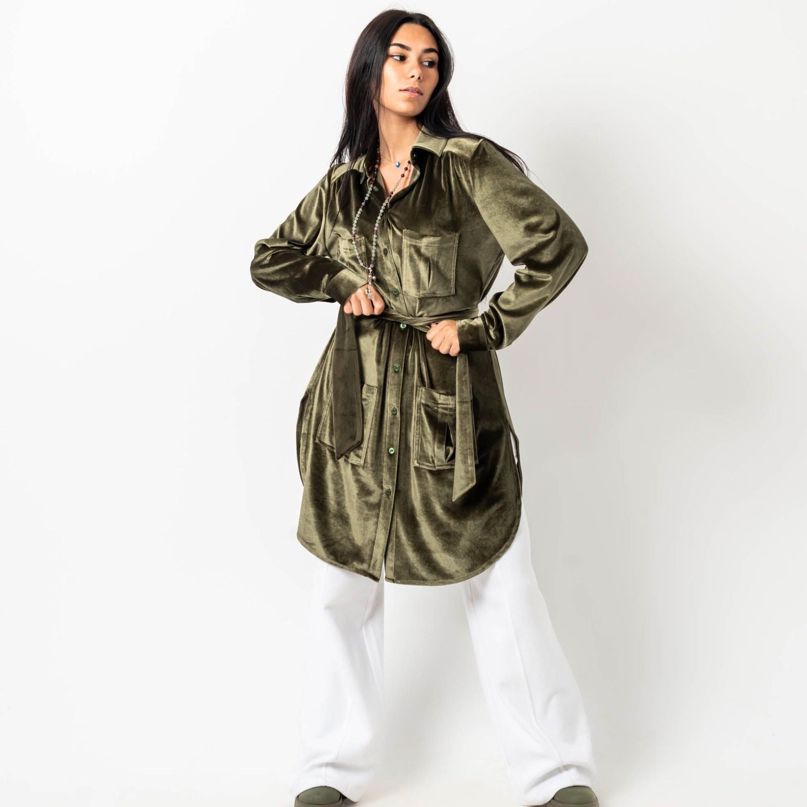 Velvet Pockets Shirt Olive Green - AB ESSENTIALS